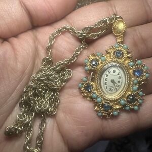 Working Vtg Wyler Pendent Necklace Watch Gold Tone Turquoise Stones Wind Up Read